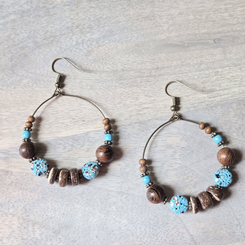 NWOT Handcrafted Wooden and Blue Beaded Hoop Earrings